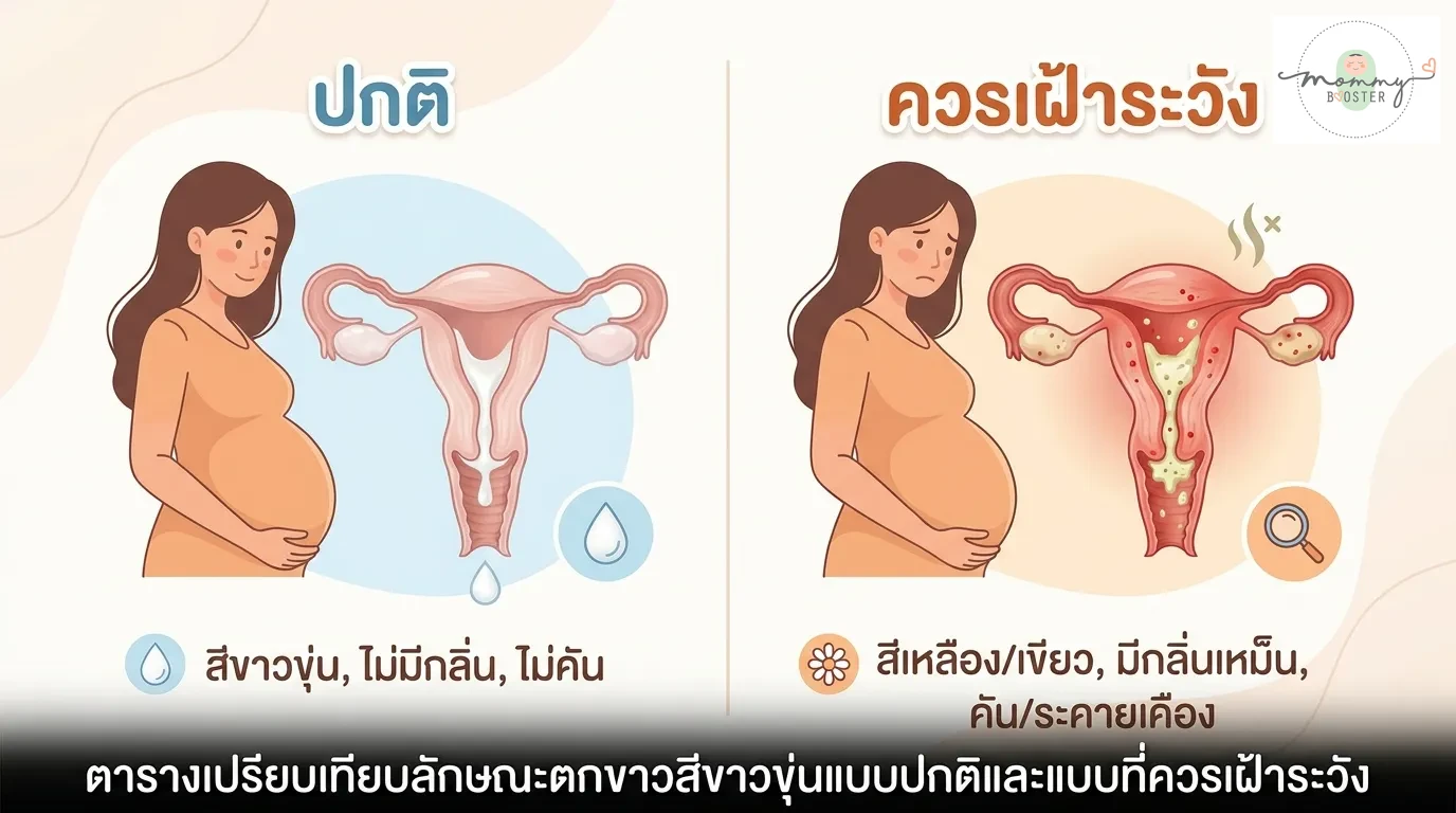 ตารางเปรียบเทียบลักษณะตกขาวสีขาวขุ่นแบบปกติและแบบที่ควรเฝ้าระวัง