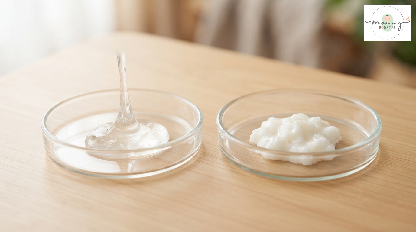 การเปรียบเทียบเจลใสยืดหยุ่นกับครีมขุ่นขาวเพื่อแสดงความต่างของมูก