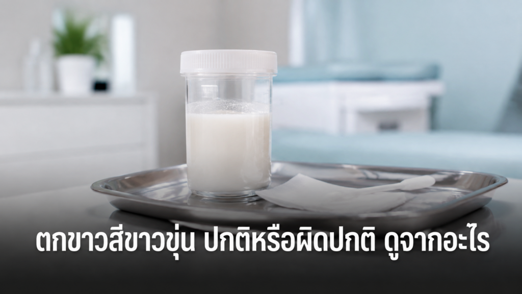 ตัวอย่างตกขาวสีขาวขุ่นในภาชนะตรวจ