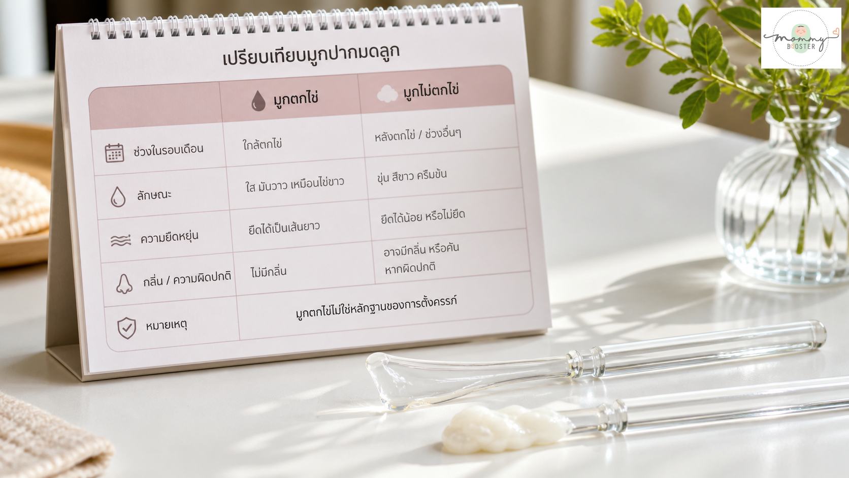 ตารางเปรียบเทียบมูกไข่ตกกับตกขาวบนโต๊ะคลินิกสะอาด
